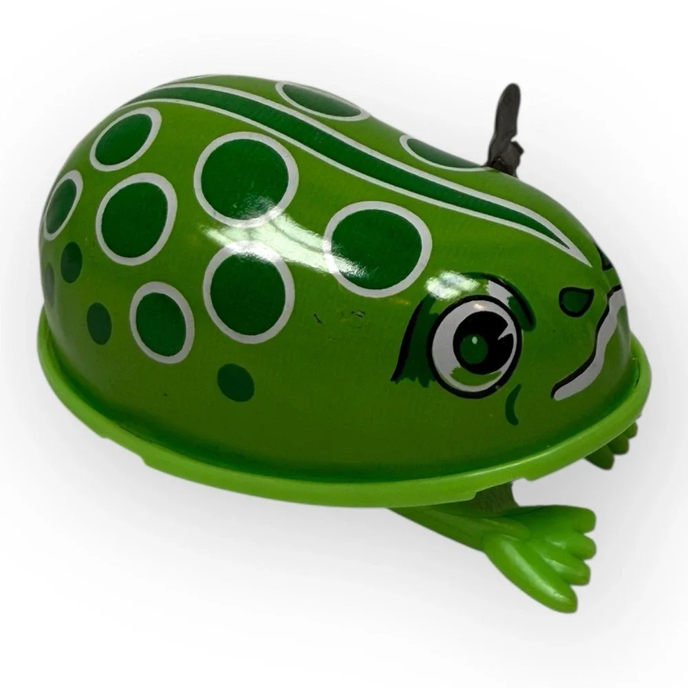 Vintage 1970s Hong Kong Tin Litho Wind-Up Spotted Frog Toy Green 3